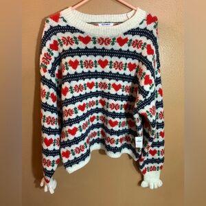 Old Navy Crew Crop Sweater with Red Hearts & Navy Fair Isle Stripes - NWT